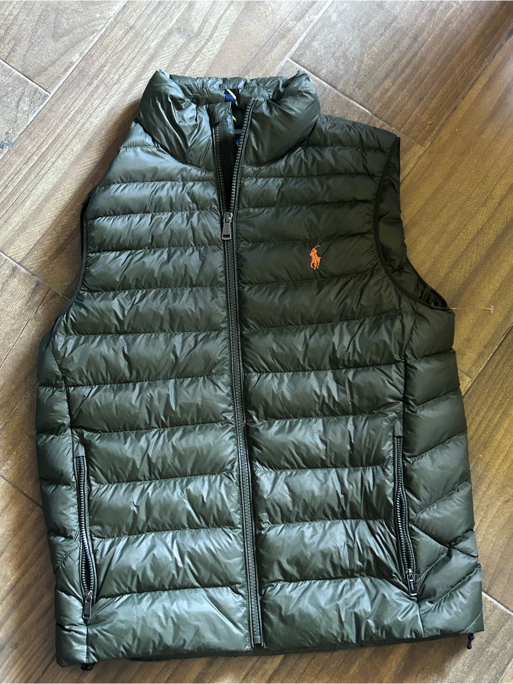 Ralph Lauren Olive Green Quilted Down Puffer Vest with Orange Logo